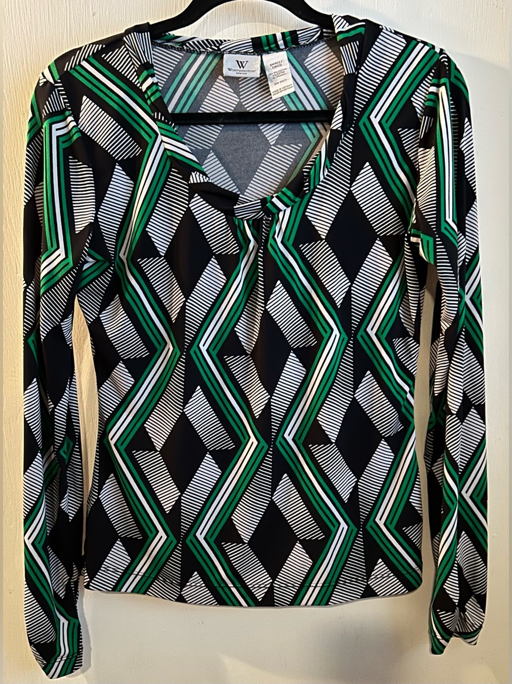 Worthington Black, Green & White Geometric Long-Sleeve Top Size S